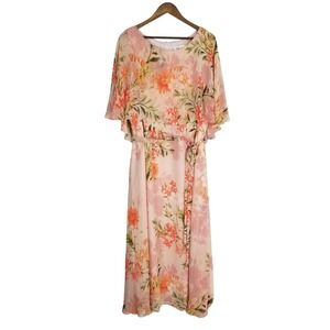 Eliza J Pink Floral Chiffon Overlay Maxi Dress Plus Size 20W Belted